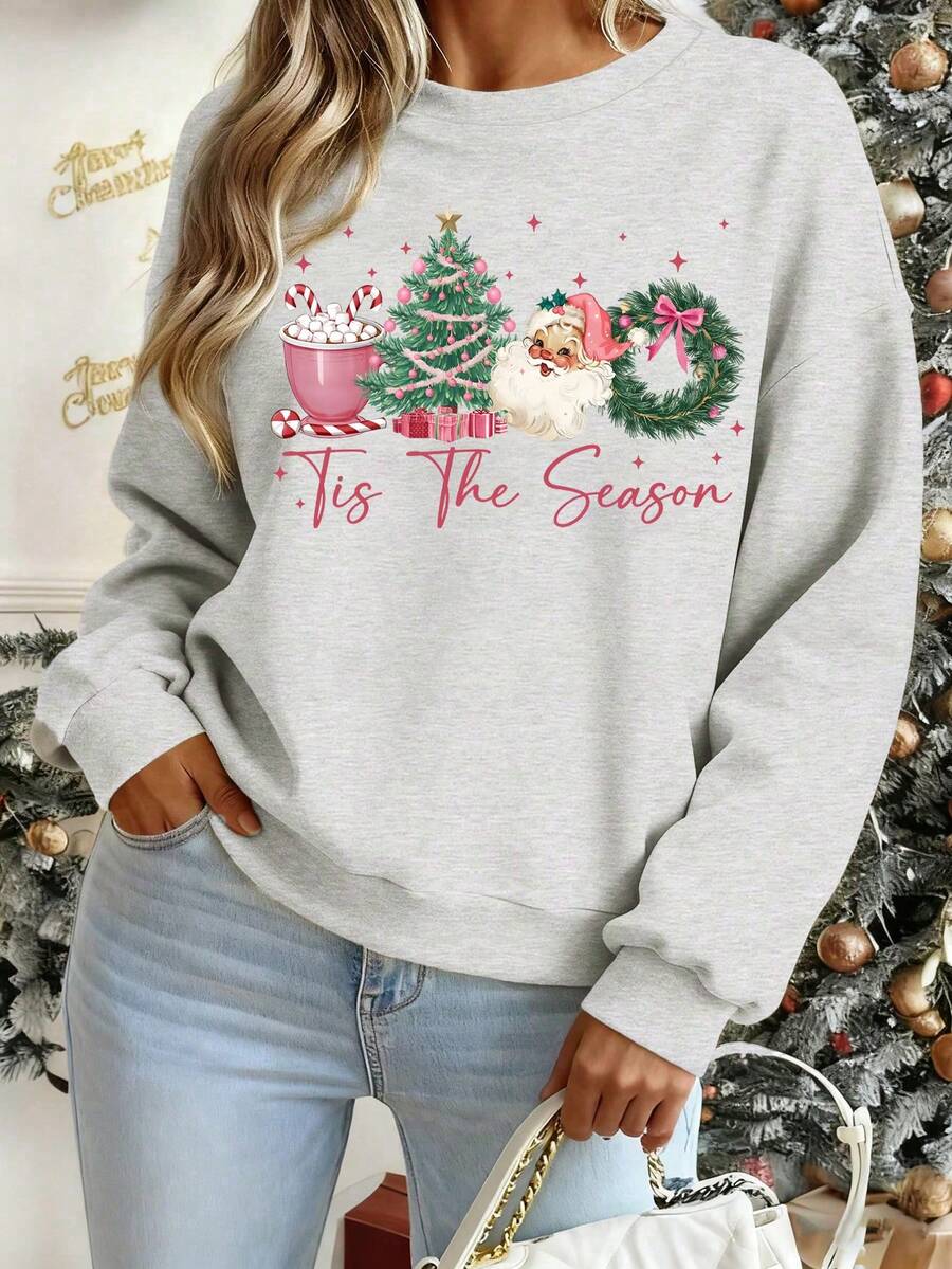 Women's Casual Drop Shoulder Crew Neck Christmas Santa Claus Graphic Sweatshirt