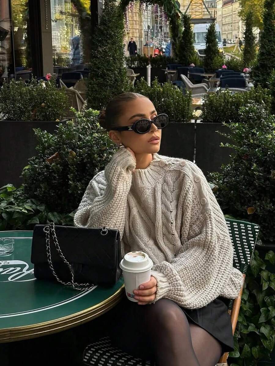 Pull tricoté pour femmes Joy, nouveau style pour l'automne/l'hiver - Hauts polyvalents - Minimaliste chic décontracté - pull tricoté à col rond boutonné avec texture torsadée - Tenues de bureau pour femmes - Hauts pour sortir - Soirée