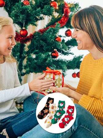 1 par de calcetines con estampado navideño, calcetines cómodos y lindos de felpa cálida, medias y calcetines de mujer (estilos aleatorios)