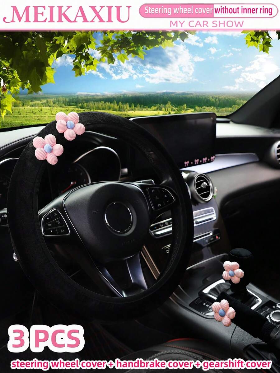 MEIKAXIU 3pcs Corn Flower Short Plush Car Steering Wheel Cover Without Inner Ring 38CM Handbrake Cover Gear Shift Cover Car Accessories For Women - Multicolor - View 1