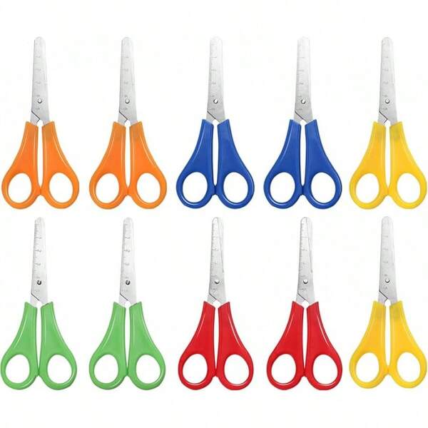 10 Scissors, Children Tip Safety Scissors Plastic Handle Handmade Scissor Preschool Training Scissor With-Scale Art Students Teaching Stationery