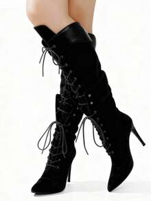 Women's Knee High Boots Pointed Toe Lace Up Stiletto Heel Shoes Motorcycle Dressy Party Luxury Fashion Winter Fall Boots For Women - màu đen - Xem 3