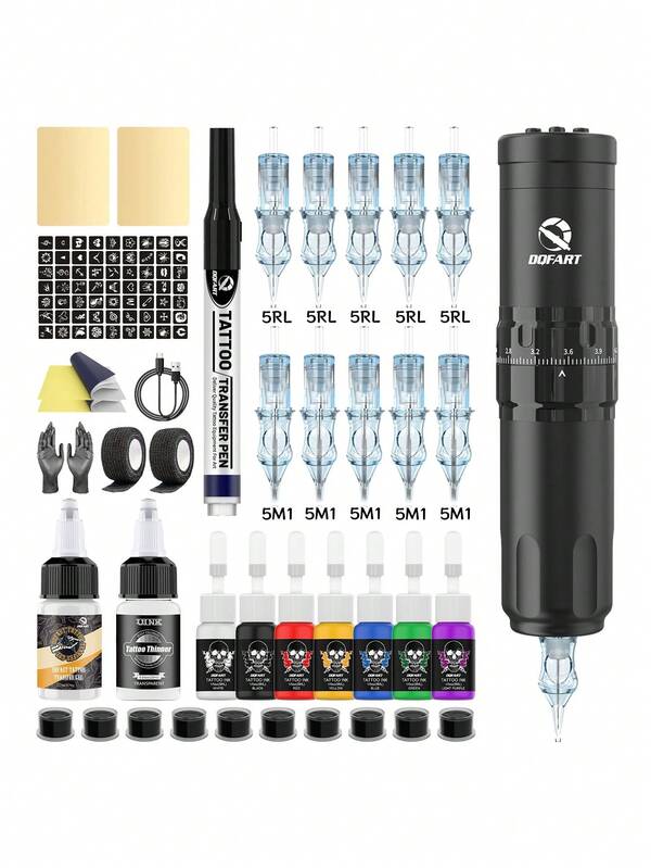 DQFART Kabelloses Tattoo-Pistolen-Set, Tattoo-Set inklusive Tattoo-Maschinen-Stift, Tattoo-Nadeln, Tattoo-Tinte, komplettes Tattoo-Zubehör für Anfänger und Tattoo-Künstler