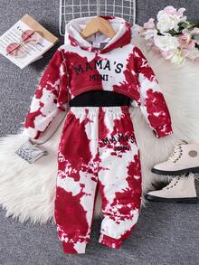 女童扎染印花长袖连帽衫、吊带背心和裤子三件套，街头风格运动装，秋冬 - 玫瑰紅 - 查看 2