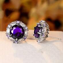 1pcs New High-End Fashion Round Stud Earrings Luxurious Women's Earrings Versatile Jewelry Women's Earrings Birthday - 紫色 - 查看 3