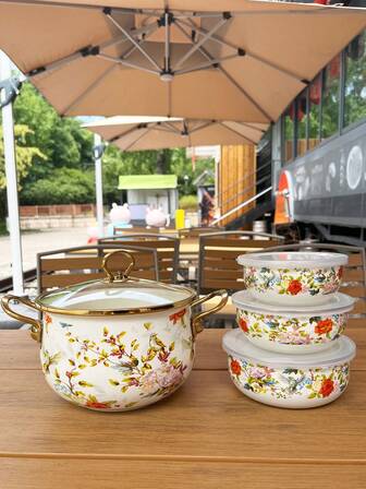 1pc/3pcs High-Temperature Resistant Enamel Coated Soup Pot With Dual Handles, Thick & Large Capacity For Boiling And Stewing, Suitable For Gas Or Electric Stove, Floral And Bird Design, Perfect For Home And Restaurant Kitchen, Holiday Party Gift