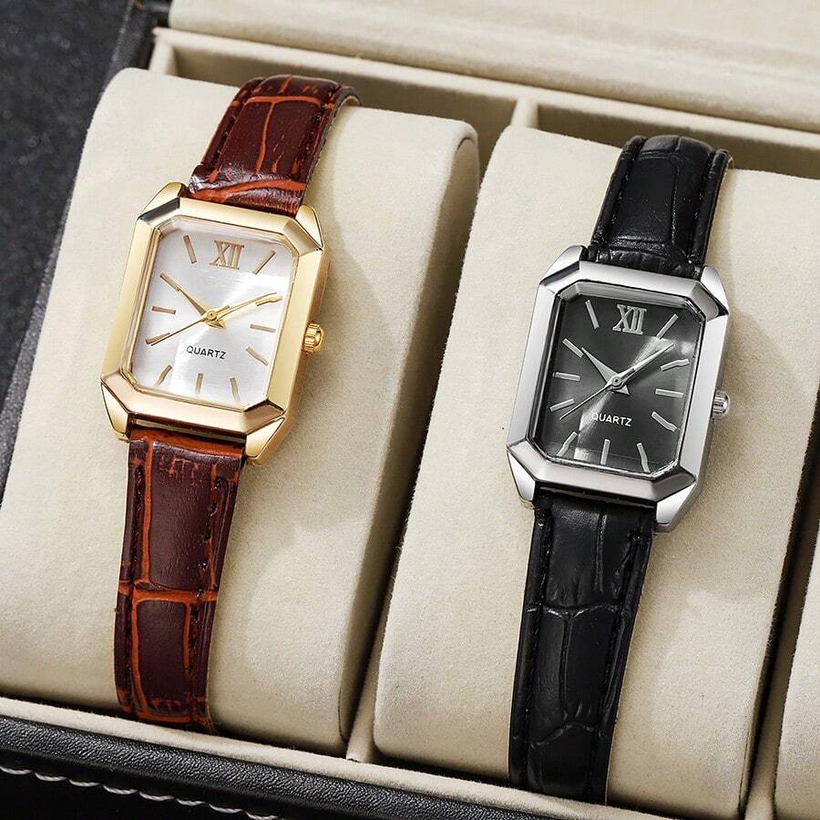 2pcs/Set Luxury Gold Square Women's Watch High End Leather Leisure Business Women's Watch Gifts For Women - Gold - View 1