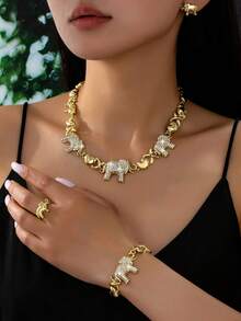 4 件女士时尚水钻镀金大象吊坠项链、耳环、手链、戒指首饰套装，中东迪拜非洲欧洲美国派对婚礼节日礼物 - 金黃色 - 查看 1