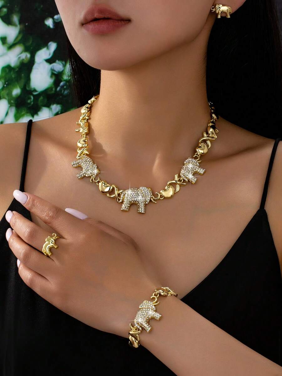 4 件女士时尚水钻镀金大象吊坠项链、耳环、手链、戒指首饰套装，中东迪拜非洲欧洲美国派对婚礼节日礼物 - 金黃色 - 查看 1