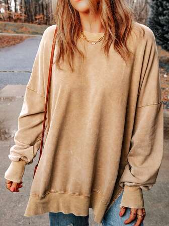 CILKOO Women's Casual Everyday Commute Minimalist Solid Color Drop Shoulder Loose Pullover Sweatshirt