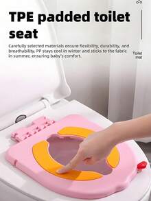 这款卡通造型的婴儿马桶座圈采用PP材质，内衬TPE软垫，呵护宝宝娇嫩的臀部，防止着凉。座圈底部六个吸盘确保其牢固地吸附在马桶上。座圈可拆卸清洗，并配有内置提手，方便携带。适用于如厕训练、断尿布和如厕训练。