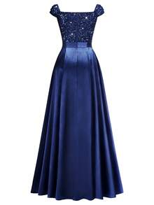 MIUSOL Sequin Floral Lace Sweetheart Neck Cap Sleeve Contrast Satin Formal Party Maxi Dress, Elegant Party Dress For Women, Formal Evening Gown, Prom Dress, For Easter, Mother Day, Wedding Guest, Graduation, Dinner - 藏蓝色 - 查看 8