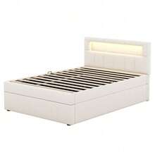 Flachbett 90x200 cm in Beige | Polsterbett mit Ambientelicht & verstellbarem Kopfteil | Einseitig öffenbarer Stauraum | Samtbezug im minimalistischen Design