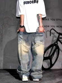 Distressed Loose Fit Wide Leg Ripped Jeans For Men, Baggy Hobo Jeans, Hiphop Style - Bronze - View 2