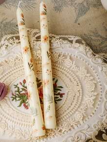 2Pcs Flower Printed Long Stem Candles,Romantic European Style Smokeless Odorless Candles For Weddings, Birthdays,Party,Candlelight Dinner,Home Decoration