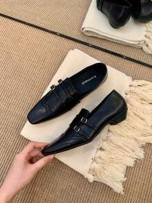 女士方头休闲平底鞋，舒适百搭商务鞋，2026 年新款时尚 - 黑色 - 查看 2