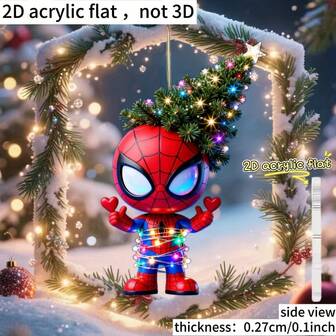  1pc Marvel - [2D Flat] New Christmas 2D Acrylic Home Decor Hanging Ornament, Spider-Man Wearing Christmas Tree For Holiday Party Decoration, Ideal Gift For Car Rearview Mirror Decoration