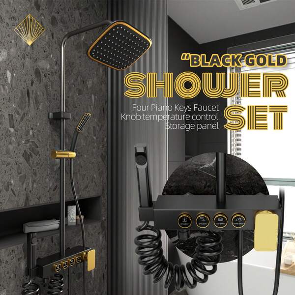 Juego de grifería de ducha de lujo negro y dorado, sistema de ducha moderno con teclas de piano y rociador de mano, accesorios de ducha montados en la pared, juego de ducha de cuatro funciones