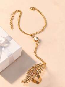 1 件波西米亚风格金属镂空水钻叶手链，适合日常佩戴 - 金色 - 查看 3