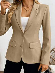 kliou Fashion Blazer feminino Estruturado com 2 botão Simples elegante  Casual Bolso falso Sem forro - Caqui - Visão 4