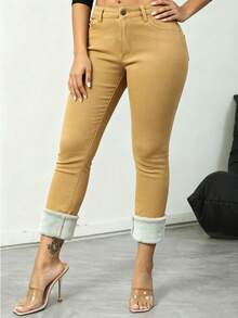 Women's Mid Waisted Skinny Jeans, Fleece Lined Stretch Denim Pants With Pockets, Thickened Warm Slim Fit Jeans For Women Elegant Style - 卡其色 - 查看 1