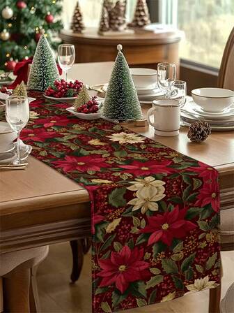 1 pieza Camino de mesa con estampado de flor de Pascua, Camino de mesa tipo lino para Navidad, 1 pieza Camino de mesa, 4 piezas Individuales, 1 pieza Funda de cojín, 3 productos disponibles, Decoración del hogar de temporada para interiores/exteriores, Suministros para fiestas de Navidad, Decoración del hogar de invierno, Decoración navideña, Decoración de habitación navideña, Decoración de fiesta de Navidad