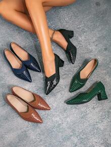 女士尖头粗跟石纹时尚一脚蹬乐福鞋，舒适一脚蹬交叉松紧带高跟鞋，全新柔软材质正装/工作鞋 - 黑色 - 查看 8