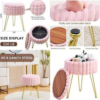Wimarsbon Round Storage Ottoman Modern Vanity Stool With Metal Legs Faux Fur Upholstery Cushioned Footstool For Extra Seating Small Side Table Footrest Stool Easy Assembly Pink