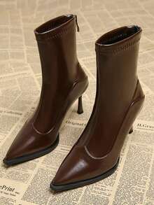 女士冬季踝靴，黑色靴子，棕色靴子，尖头细高跟短靴，高跟靴，优雅女士靴，后拉链设计，日常时尚靴，酒红色高跟鞋 - 棕色 - 查看 1