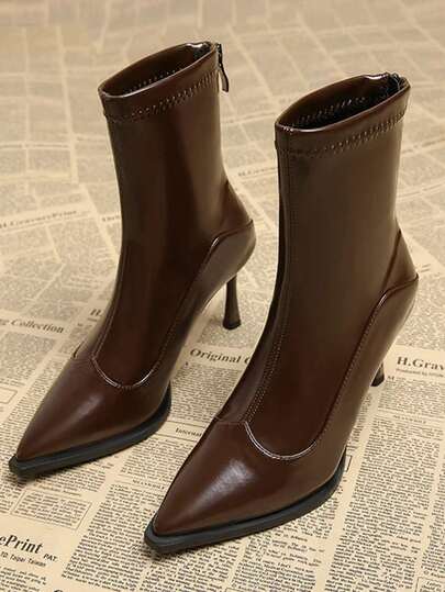 女士冬季踝靴，黑色靴子，棕色靴子，尖头细高跟短靴，高跟靴，优雅女士靴，后拉链设计，日常时尚靴，酒红色高跟鞋