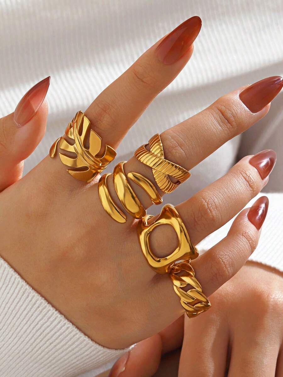 5pcs/Set Stainless Steel 18K Gold Plated Exaggerated Thick Leaf Line Open Ring, Suitable For Women's Daily Wear - Multicolor - View 1