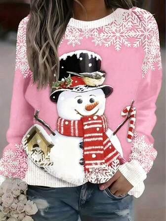 Blusa de cuello redondo de manga larga con estampado navideño para mujer