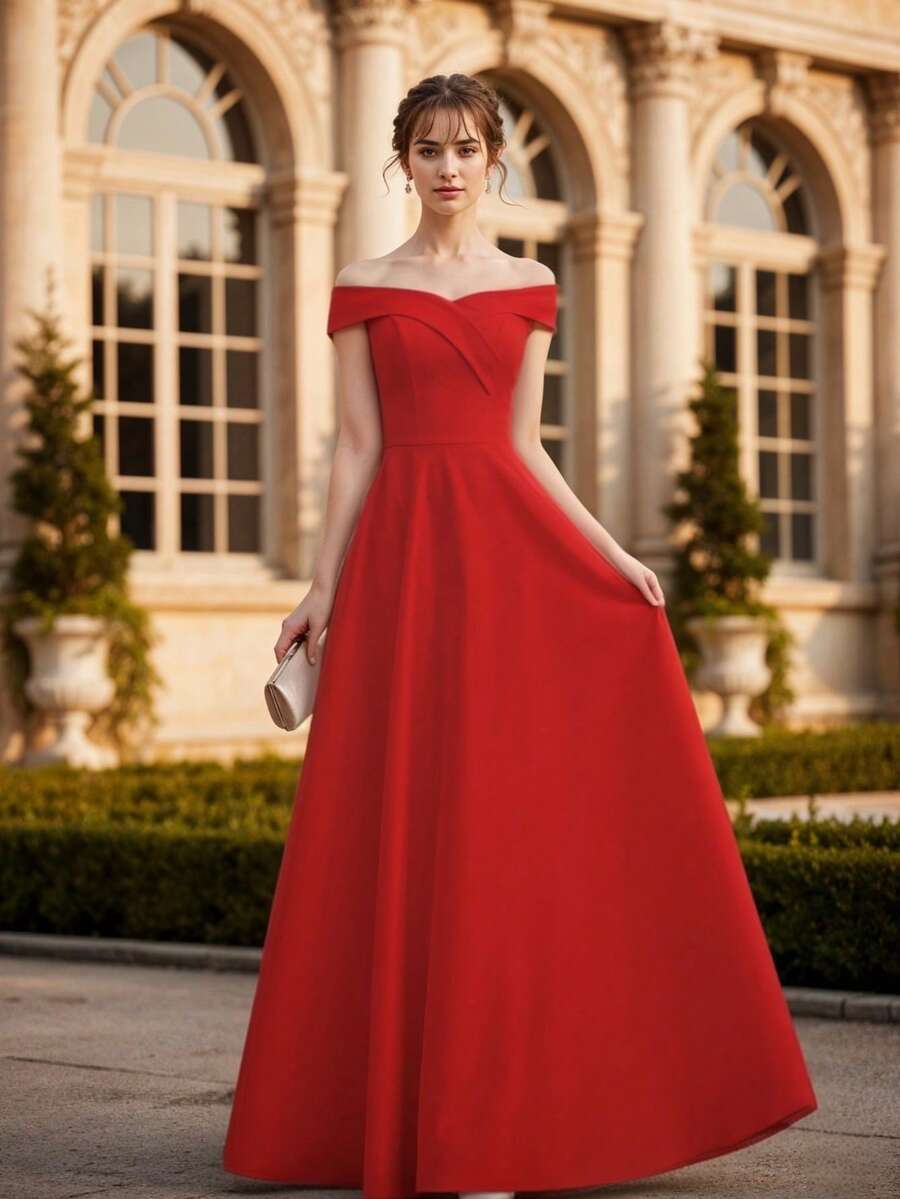 Vestido Ajustado Largo de Escote Corazon con Corte Holgado Inferior para Mujer - Rojo - Ver 1