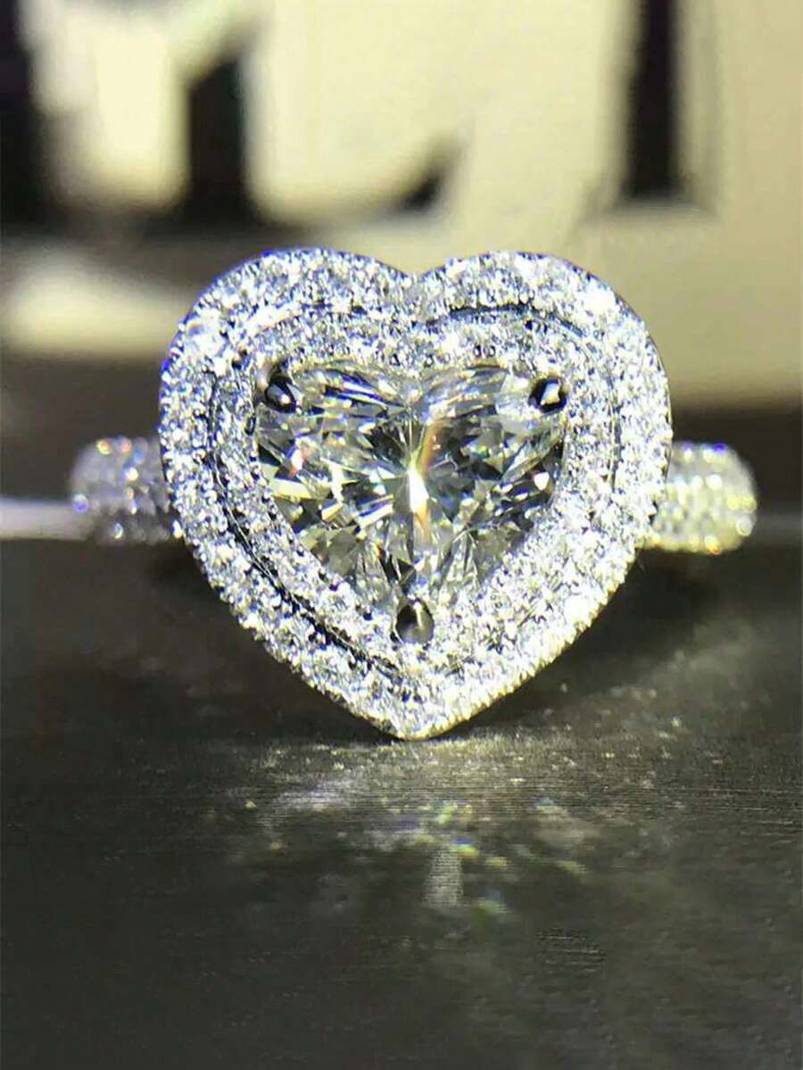 1 chiếc nhẫn hình trái tim lãng mạn đính đá Cubic Zirconia, quà tặng Ngày Valentine cho nữ, thích hợp cho đám cưới, lễ đính hôn, kỷ niệm, tiệc tùng và các dịp khác. - Bạc - Xem 1