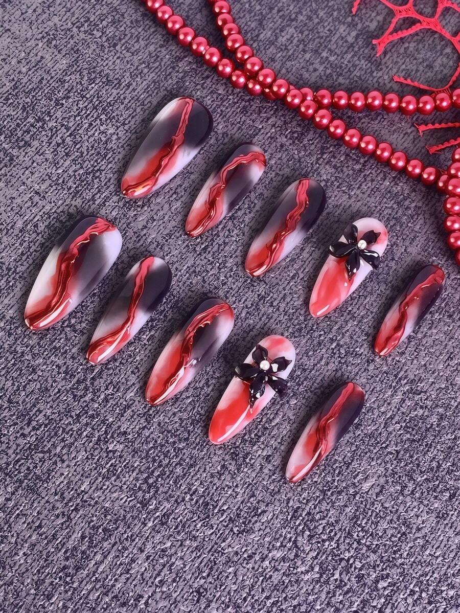 Bộ 10 miếng dán móng tay màu đen và đỏ dành cho nữ, móng giả acrylic bóng, có thể tái sử dụng với họa tiết hoa đỏ, trắng và ngọn lửa, kèm keo dán móng, thích hợp cho Halloween, tiệc Giáng sinh, hẹn hò và sử dụng hàng ngày.