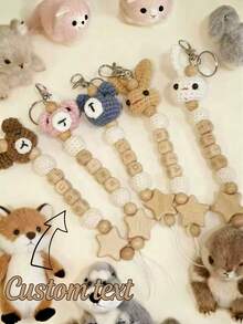 1pc Customized Plush Animal & Wooden Bead Letter Keychain, Deer/Lion/Bear/Elephant/Fox/Koala, Star Fur Ball Personalized Bag Charm, Name Tag, Unique Handmade Gift