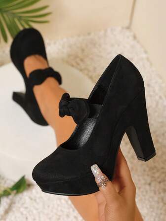 High Heel Shoes With Thick Platform, Round Toe Bow Decor, Suitable Foay, Christmas Eve, Chinese New Year Party, Mother's Shoes, Fashion Black Versatile Women Shoes
