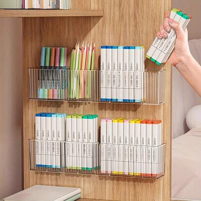 Estantería de almacenamiento montada en la pared de plástico, adecuada para rotuladores, pinceles, pinturas de acuarela y lápices - Estantes transparentes con rayas de colores, ideal para la organización de papelería de escritorio, conveniente para el almacenamiento de papelería | Almacenamiento de colores | Material de plástico duradero, organizador de papelería, organizador de escritorio, estantería de almacenamiento