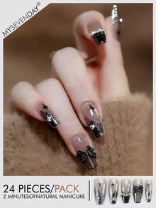 Long Style Black Nails/24 Pieces Press On Nails Square/Three Dimensional Black Bow Decoration Paired With Star Print And Sparkling Diamond Nail Plates /Perfectly Fitting Acrylic Fake Nail Set, Including 1 Jelly Glue And 1 Nail File, Suitable For Women's Daily Work, Study, And Gatherings In Autumn And Winter Nail Products Suitable For Gatherings, Festivals , And Daily Use - Multicolor - View 1