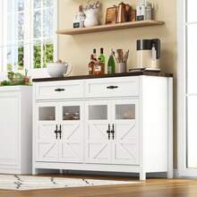 Credenza da pranzo con spazio di archiviazione, buffet lungo 140 cm con 4 ante e 2 cassetti grandi, credenza da pranzo con bancone bar in stile contemporaneo, bianco