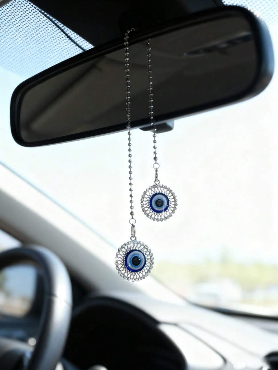Pendentif de rétroviseur de voiture entièrement serti de strass, forme d'œil de diable creux, accessoire décoratif - Taille Unique - Voir 1