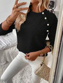 Oblique Button Crew Neck Soft Women Pullover Sweater, Solid Color Ribbed, Suitable For Everyday, Halloween, Christmas, Valentine's Day, Spring/Autumn, Autumn/Winter - Black - View 4