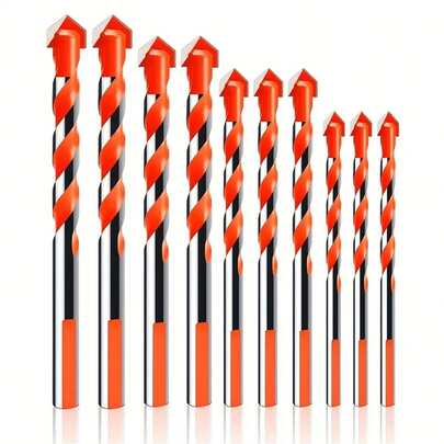 10-Piece Ultimate Heavy Duty Drill Bit Set - Tungsten Carbide Tip, Suitable For Hard Metal, Steel, Tile, Concrete, Glass, Brick, And Wood, Sizes 6/8/10/12mm