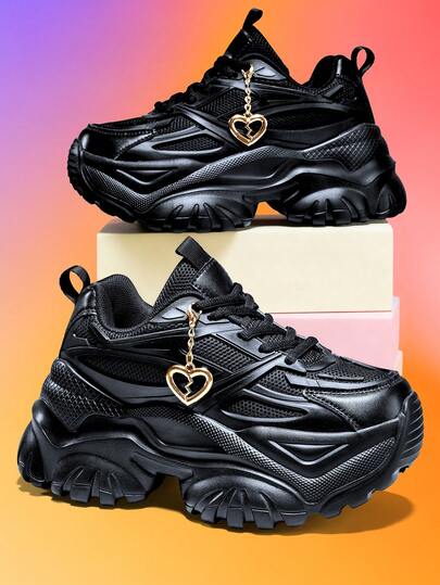 7cm Heel Height Women's Casual Sports Shoes With Detachable 3D Metal Heart Decoration Chain, Outdoor EVA Thick Sole High Platform Black High Heel Lightweight Shock Absorbing Non-Slip Running Shoes, Summer Breathable Quick Dry Mesh Round Toe Lace-Up Casual Sneakers For College Students, Teens, Daily, Workout, Office