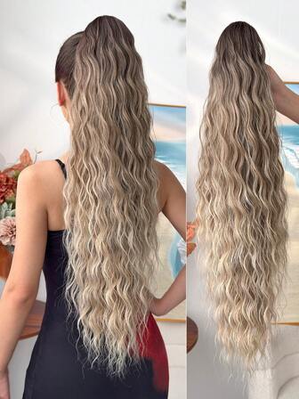 爪形马尾接发发饰渐变棕色 26 英寸水波纹耐热纤维合成马尾假发，适合女性派对和日常使用