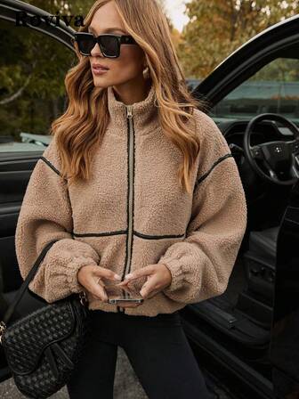 Roviva Women's Fashionable Elegant Casual Khaki Sherpa Jacket With Contrast Trim - Zip Up Design, Perfect For Christmas, Thanksgiving, New Year, Holidays, Parties, Gatherings, Vacations, Office & Daily Wear, Suitable For Autumn & Winter