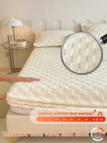 1 buah Set Sprei Fitted Fleece Tebal dan Hangat Motif Papan Catur, Lembut & Nyaman, Cocok untuk Kamar Tidur, Asrama, Kamar Tamu, Berlaku untuk Tempat Tidur Ukuran Twin, Full, Queen, King, Musim Gugur/Musim Dingin/Musim Semi - Krem - View 2