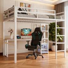 Hochbett 140x200 cm in Schwarz | Eisenrahmen mit Einlegeböden & Schreibtisch | Steckdose+USB-C & Sicherheitsgeländer | Mit Trittleiter ohne Matratze