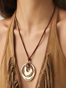 1Pc Bohemian-Style Fashionable Retro Geometric Asymmetrical Pendant Brown Cord Velvet Necklace For Women's Daily Wear & Accessories
