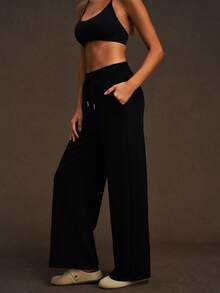 VVX 女士阔腿瑜伽裤，抽绳设计，带口袋，高腰直筒运动裤，舒适休闲健身运动裤，适合健身房日常穿着，四季皆宜。 - 黑色 - 查看 4